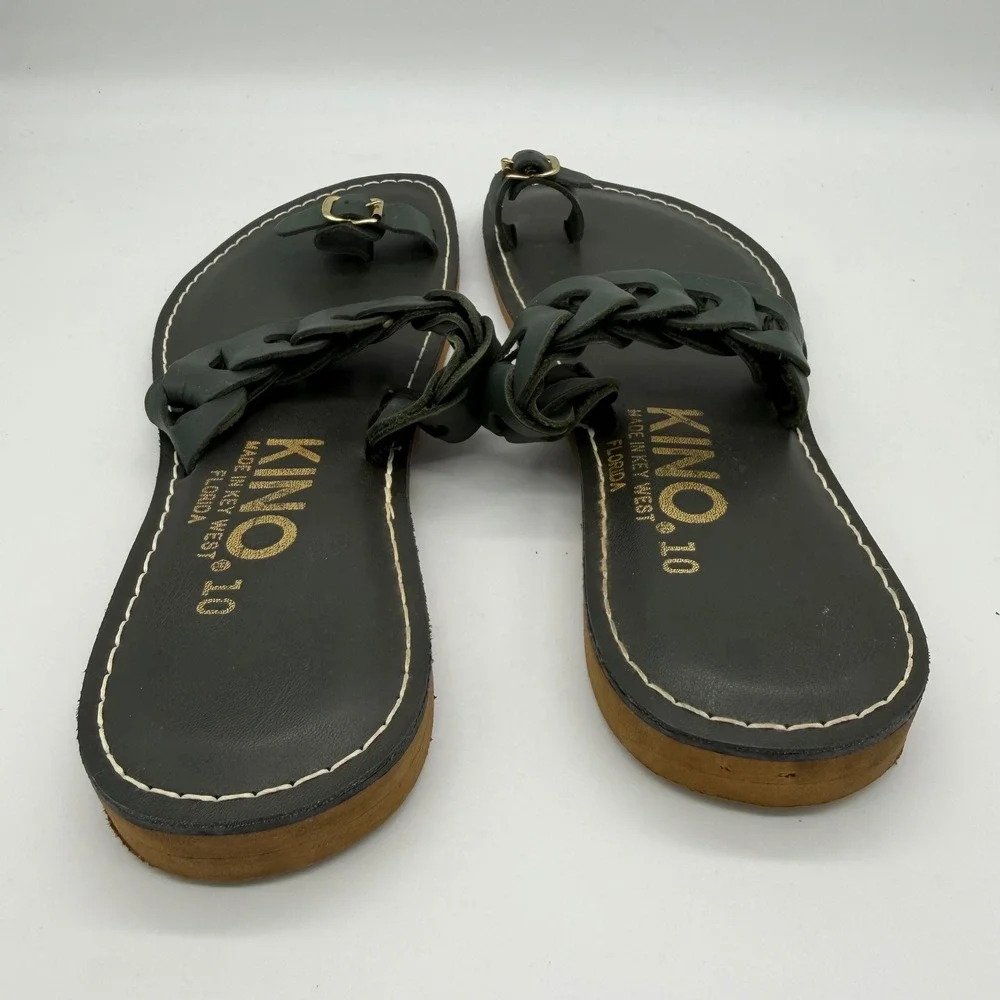 Kino Sandals Key West Florida Black Leather Braided Toe Loop Slides Womens 10